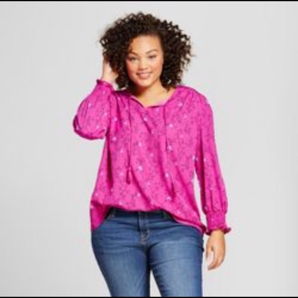 Ava & Viv Pink Blouse bird print smocked sleeve
